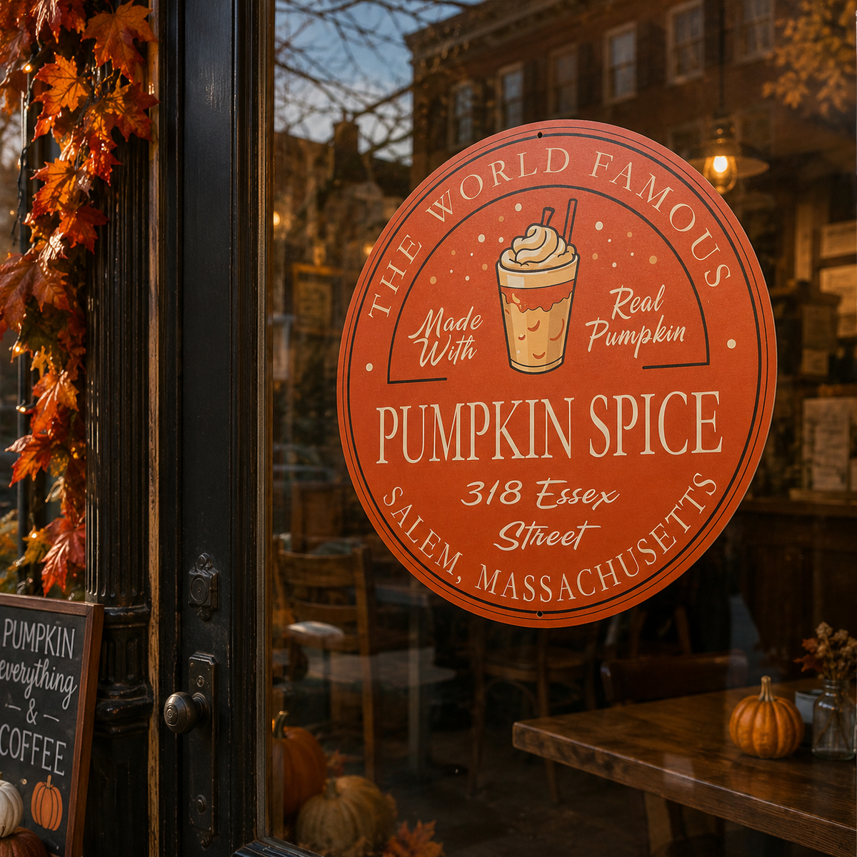 Panneau metal rond "Pumpkin Spice 318 Essex Street"