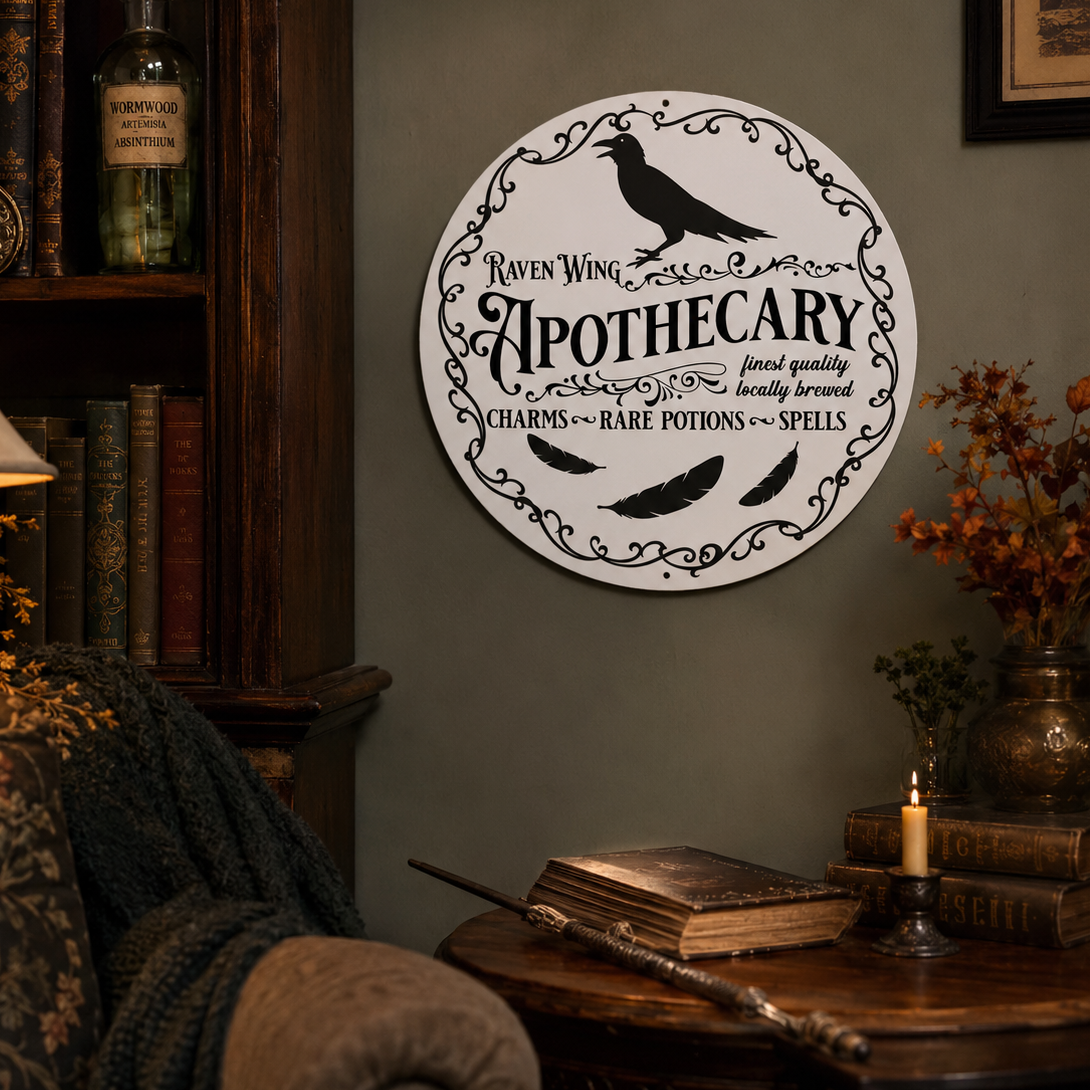 Panneau metal rond "Raven Ring Wing Apothecary"