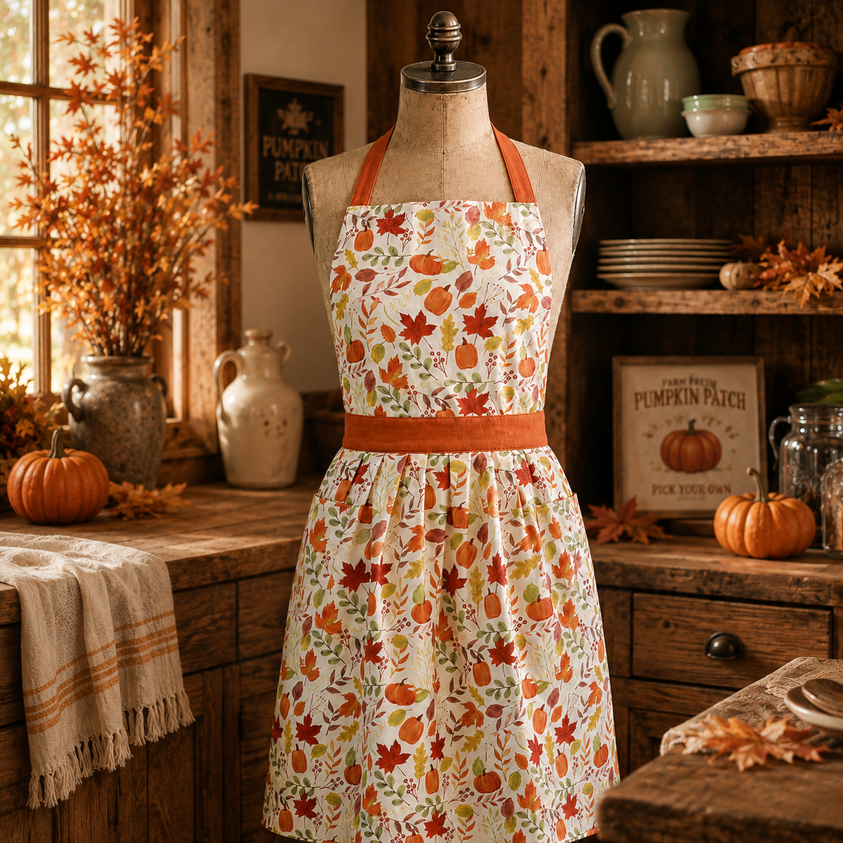 Tablier imprimé motif Feuilles & Citrouilles