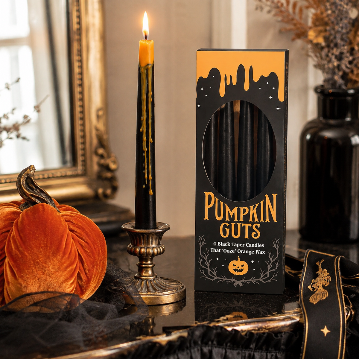 Lot 4 bougies chandelles noires "Pumpkin Guts"