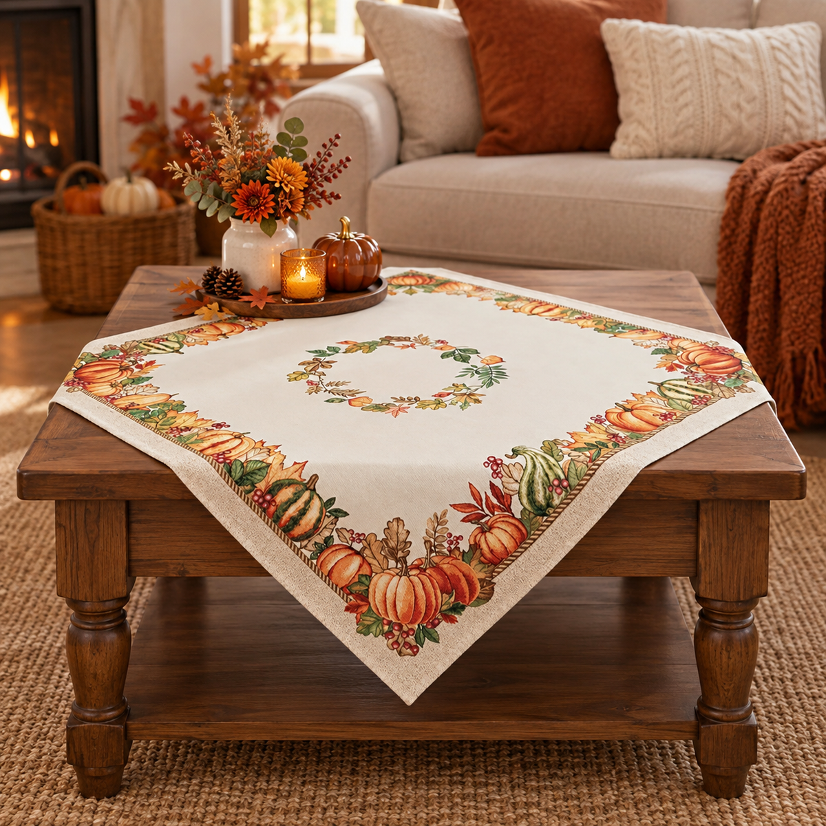 Centre de table carré Tissu Automne / Citrouilles