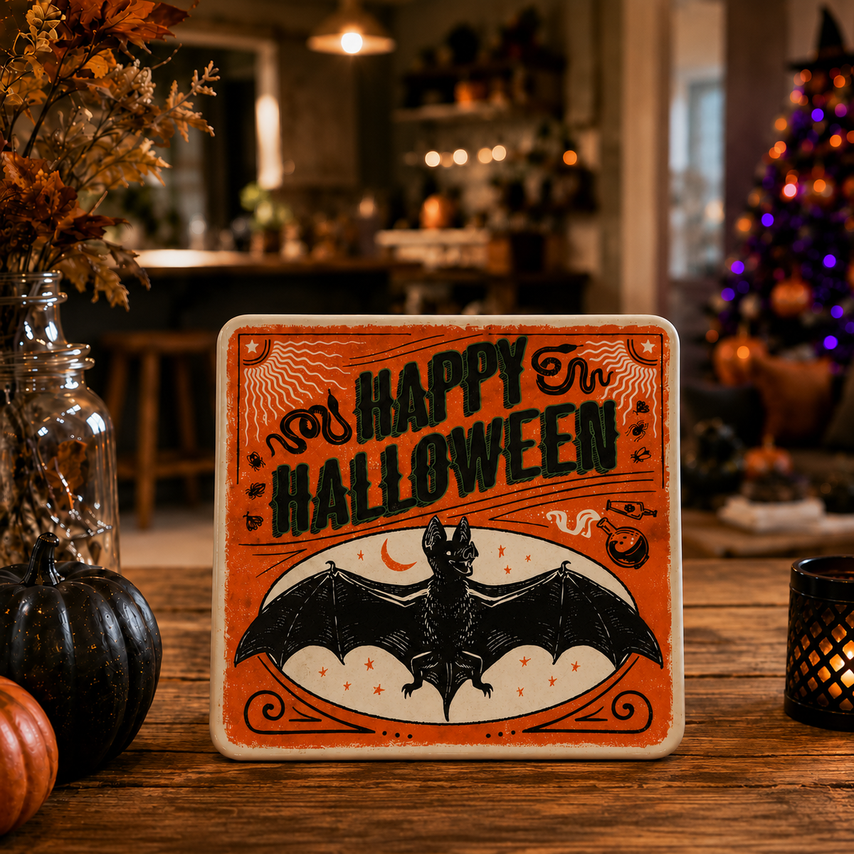 Assiette carrée Halloween "Chauve-Souris"