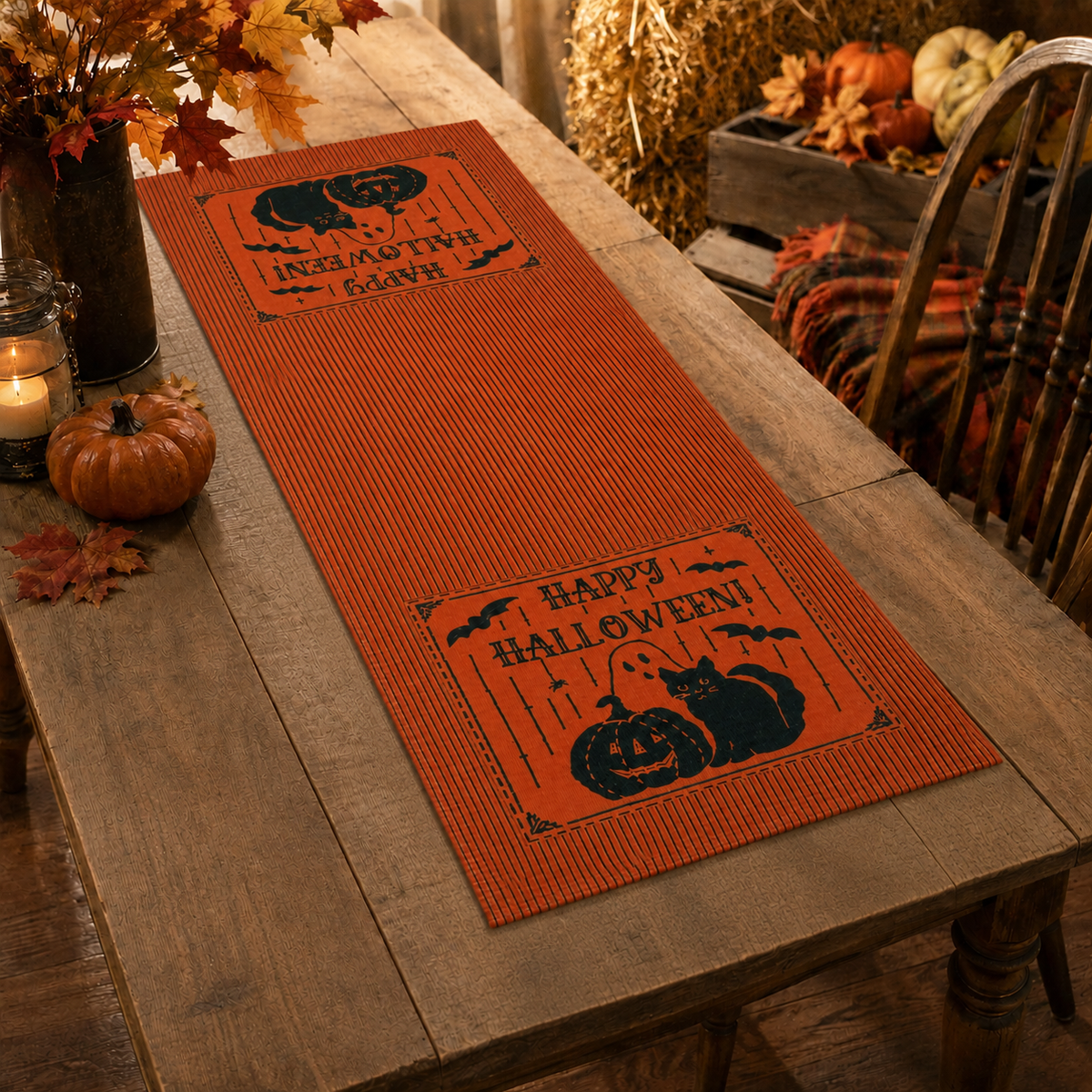Chemin de table orange Motif rayé / Happy Halloween