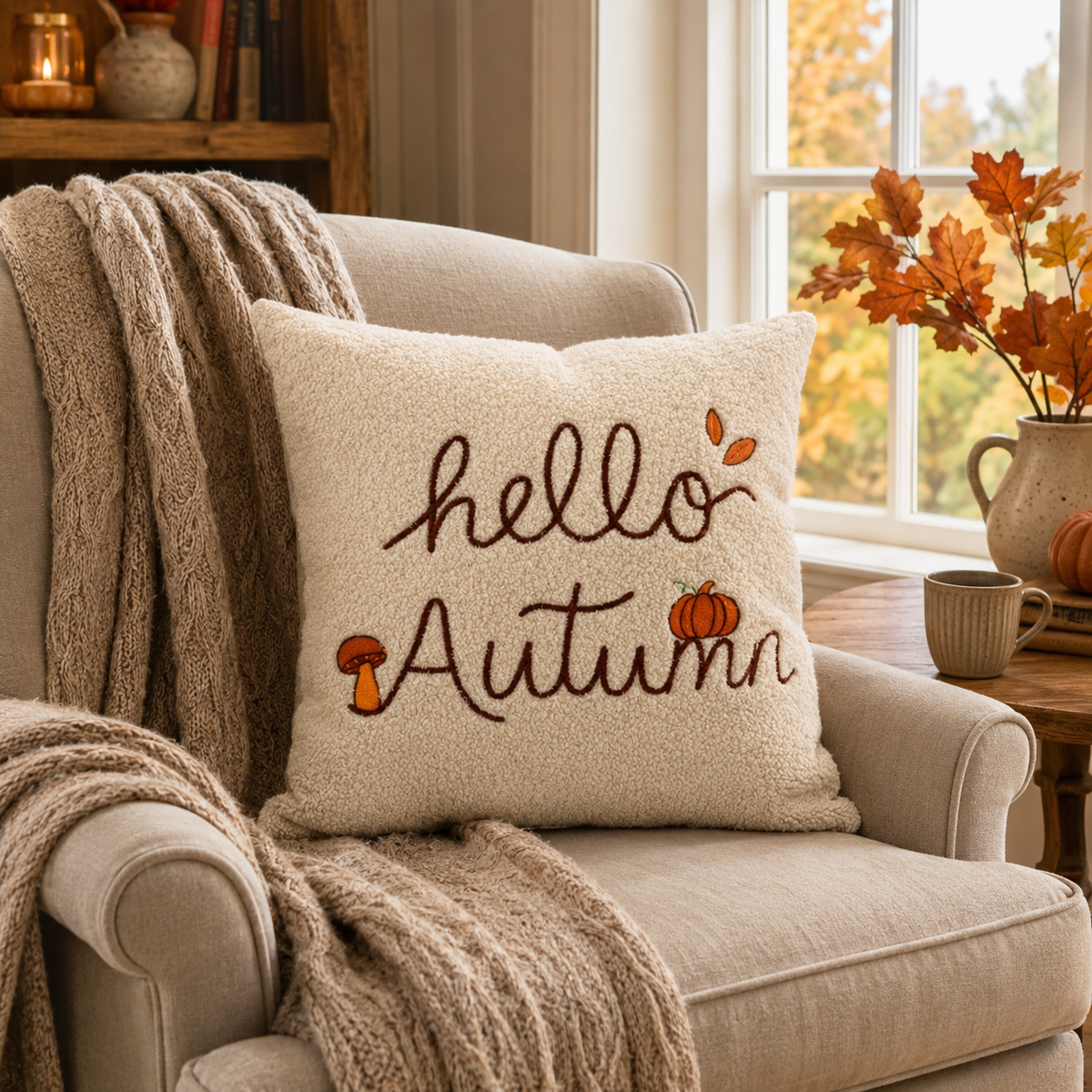 Coussin carré bouclette "Hello Autumn"