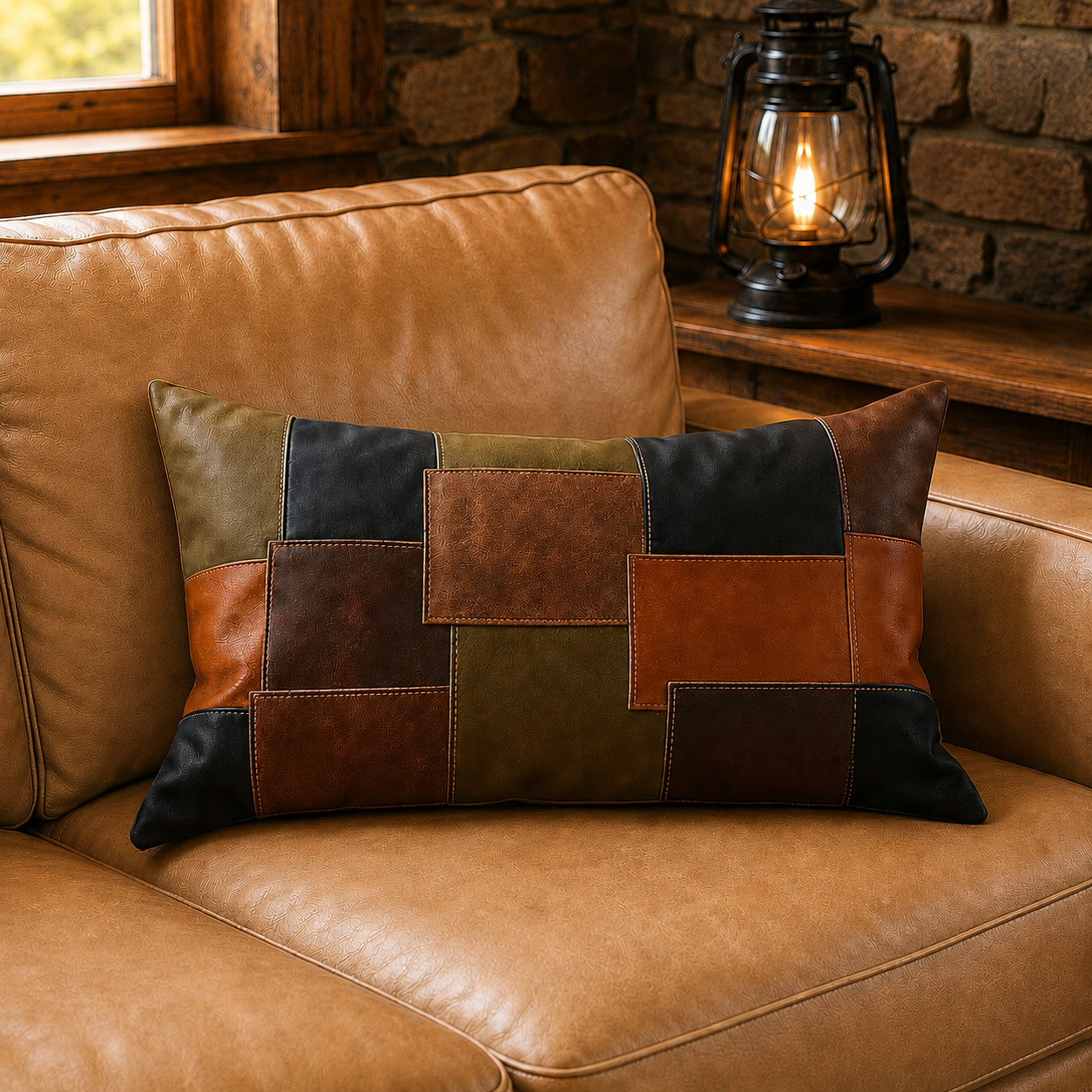 Housse de coussin cuir rectangle patchwork