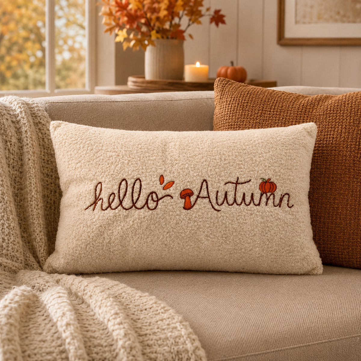 Coussin rectangle bouclette "Hello Autumn"