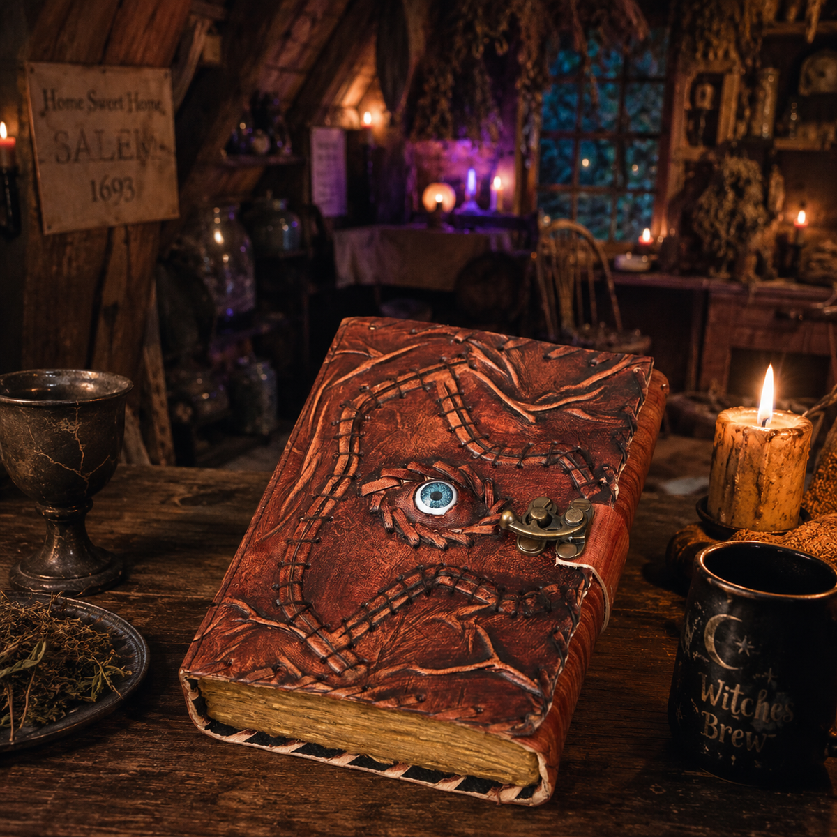 Journal cuir Grimoire œil "Hocus Pocus"