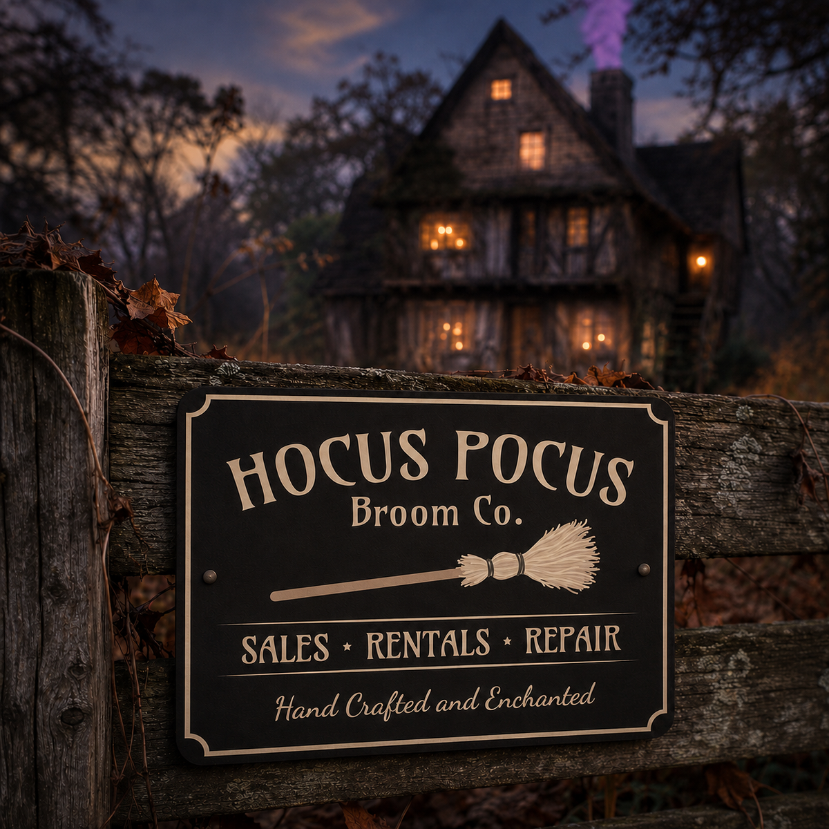 Panneau metal "Hocus Pocus broom co."