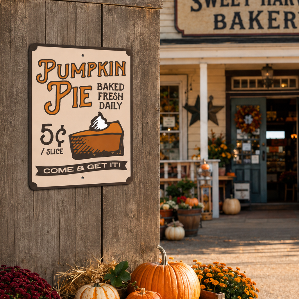 Panneau metal "Pumpkin Pie Baked Fresh Daily"