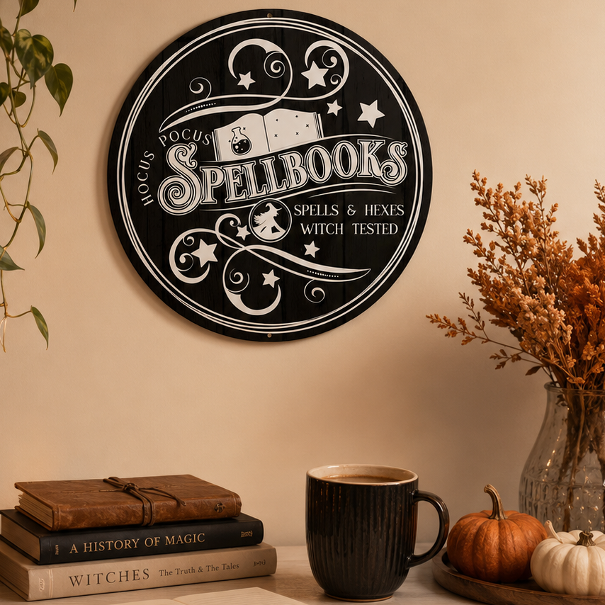 Panneau metal rond "Hocus Pocus spellbooks"