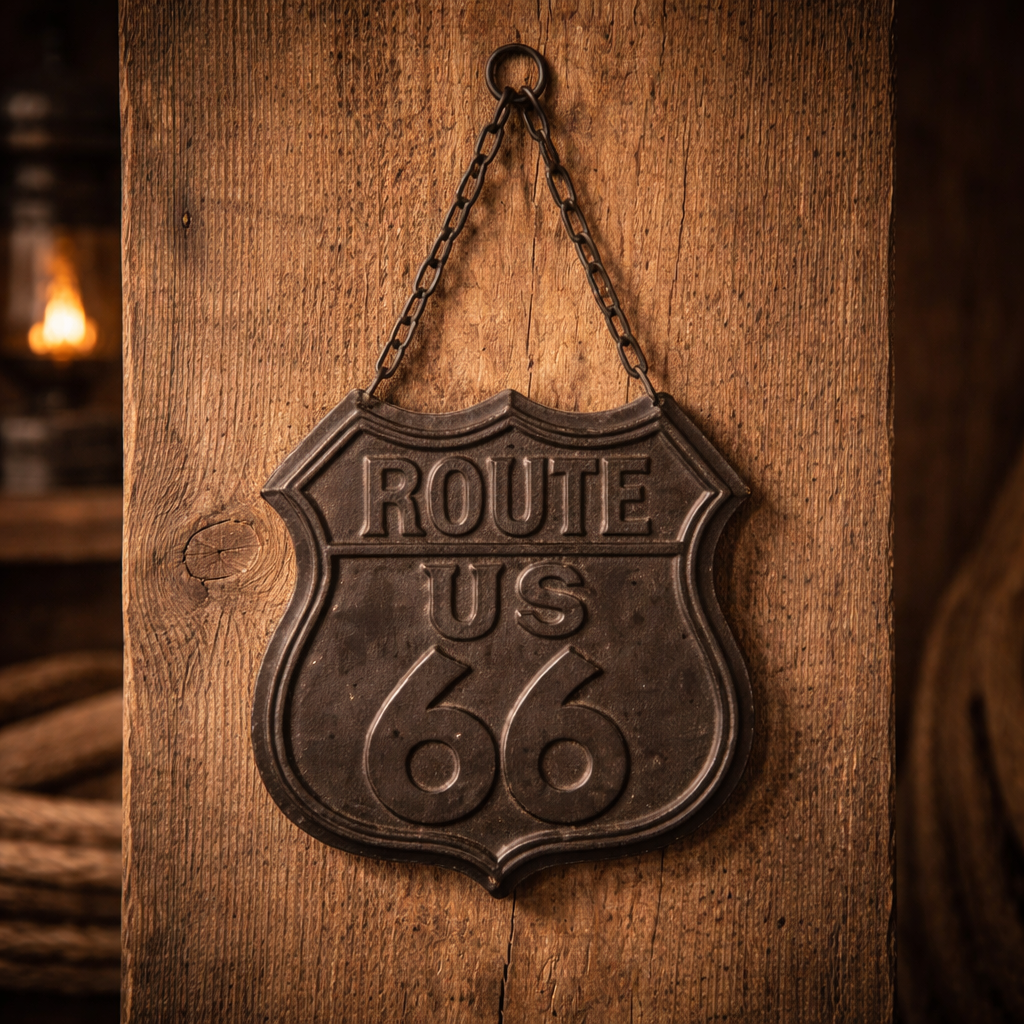 Plaque suspendue en fonte "Route 66"